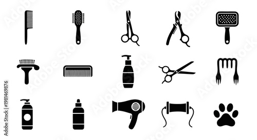A set of black and white vector icons depicting various hairdressing and pet grooming tools on a clean white background