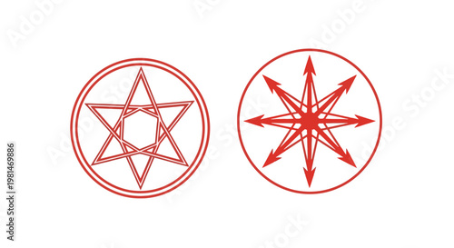 Mystical Symbols: Seven-Pointed Star and Chaos Star in Red Circles