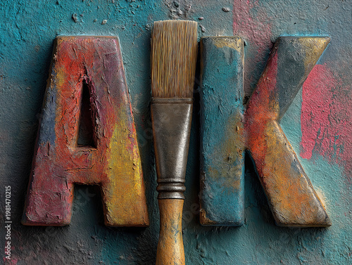 Textured wall with painted letters and brush representing literacy growth
