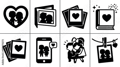 Black and white romantic couple photo icons with hearts and mobile phone notification