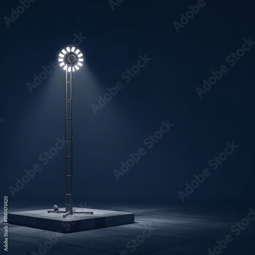 Spotlight shining on stage, casting dramatic shadows against dark backdrop