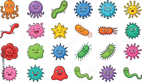 Set of Cute Cartoon Microorganism Icons Including Bacteria, Viruses, and Germs, Perfect for Educational and Medical Designs
