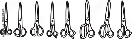 A collection of eight different types of scissors displayed in a row Vector