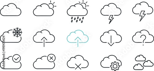 Weather and cloud status icon set featuring rain storm snow upload download symbols in modern outline vector style for apps