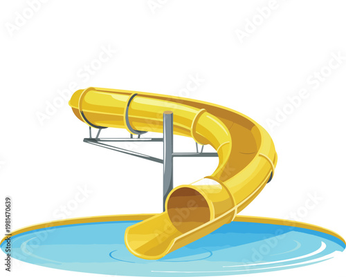Bright yellow spiral water slide cartoon vector illustration for summer aquapark fun, outdoor swimming pool activities, and recreation park designs.