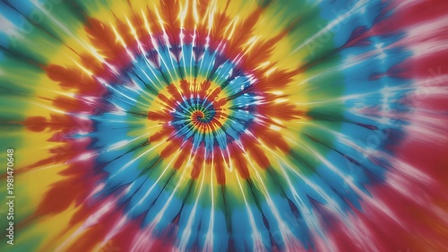Vibrant tiedye fabric background with a colorful spiral pattern in shades of red, yellow, blue, and green