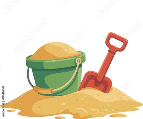 Digital illustration of a green plastic bucket filled with sand and a red shovel for summer beach vacation and children's outdoor play concepts.
