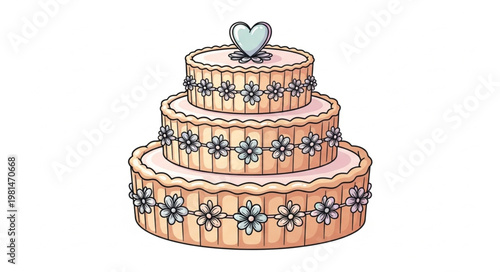 Beautifully Decorated Three Tier Wedding Cake with Heart Topper.