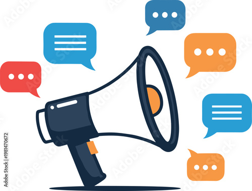 Marketing communication concept illustration featuring megaphone social media messages advertising promotion and digital engagement symbols