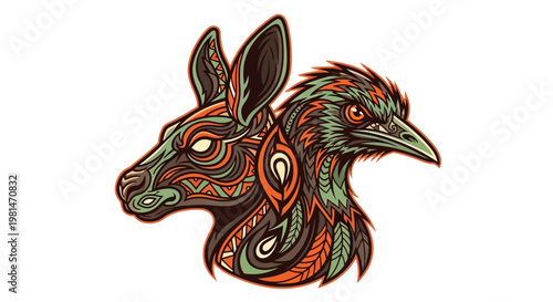 Aboriginal Style Kangaroo and Emu Head Vector Art Australian Wildlife Tribal Mascot Illustration