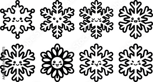 Cute happy snowflake faces with kawaii expressions and charming line art style