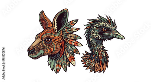 Intricate Aboriginal Inspired Kangaroo and Emu Feathered Art Vector Australian Animal Illustration