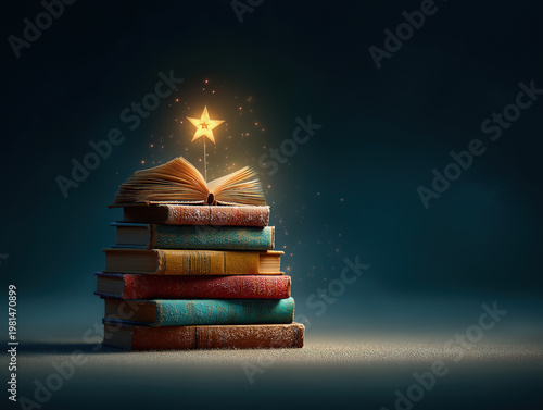 Book tower topped with open pages and a star for intellectual growth