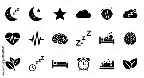 Obraz na plátně A set of black and white vector icons representing sleep and dreaming concepts