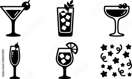 Black and white cocktail glasses with ice and garnishes and star confetti vector art