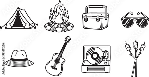 Assorted objects including a pyramid, motorcycle, camera and scissors Vector