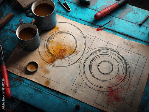 Top view of coffee-stained blueprint reflecting diligence and craftsmanship