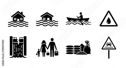 A set of black and white vector icons depicting flood and disaster relief concepts