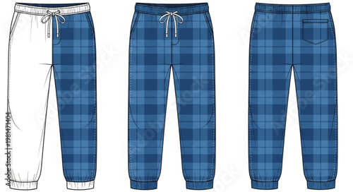 Three views of blue plaid jogger pants fashion illustration.
