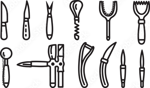 Various tools and utensils including scissors, pliers, tweezers and kitchenware Vector