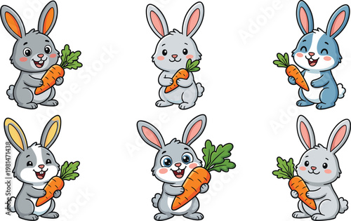 Adorable Cartoon Rabbits Holding Carrots in Different Poses for Easter, Spring, and Animal Designs