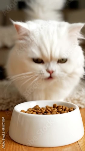 A fluffy white cat eats dry food from a small ceramic bowl on a wooden floor