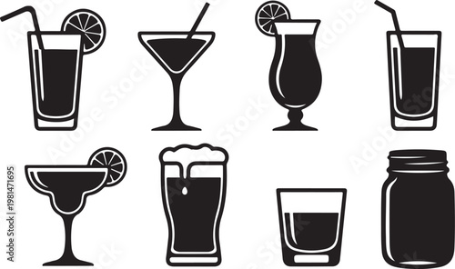 Various styles of wine glasses and decanters displayed in black and white Vector