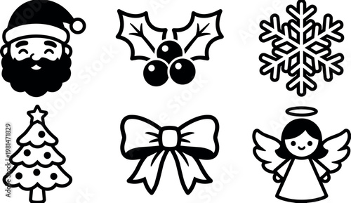 Black and white christmas icons including santa holly berry snowflake tree bow and angel