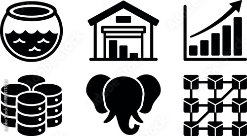 Black silhouette business data icons including fishbowl warehouse chart elephant and blockchain network