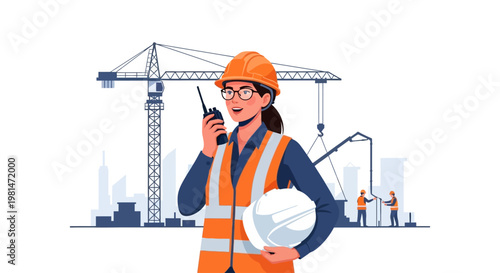 Female Civil Engineer with Walkie Talkie and Hard Hat at Construction Building Site Illustration