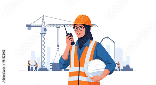 Muslim Female Engineer in Hijab Using Walkie Talkie at Construction Site with Crane Illustration