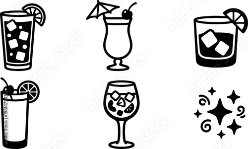 Black and white cocktail glasses with ice lemon cherry and umbrella icons