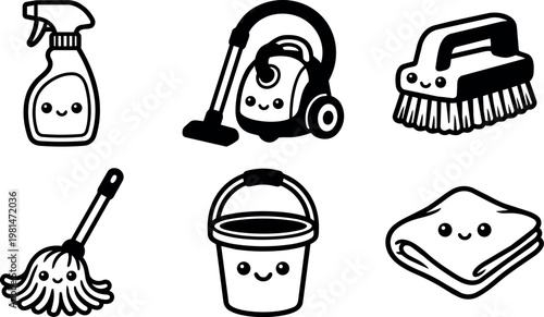 Cute kawaii cleaning supplies spray mop vacuum bucket scrub brush towel vector art