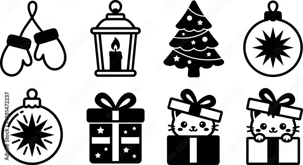Fototapeta premium Black and white christmas tree gift box kitten mittens lantern ornament icons