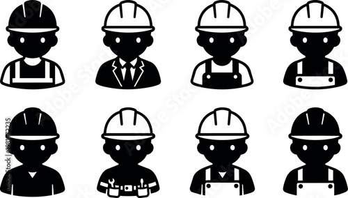Black and white vector icons of construction workers in helmets and uniforms