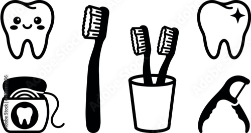 Black and white dental icons including smiling tooth floss and toothbrushes