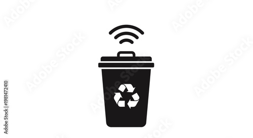 A minimalist vector graphic of a recycling bin with a Wi-Fi symbol above it