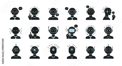 A set of black and white vector icons depicting various robotic heads with different expressions and designs