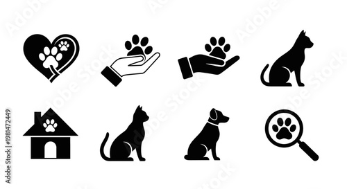A set of black silhouette icons representing pets and animal care