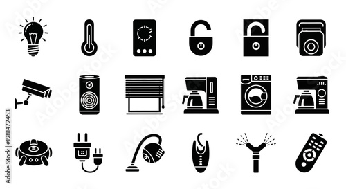 A collection of black and white icons representing various household appliances and devices