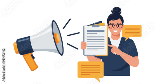 A smiling woman holding a clipboard and pointing to it while standing next to a megaphone with speech bubbles around her.