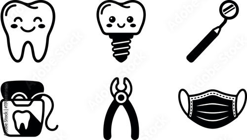 Black and white dental tools with happy tooth and face mask vector art