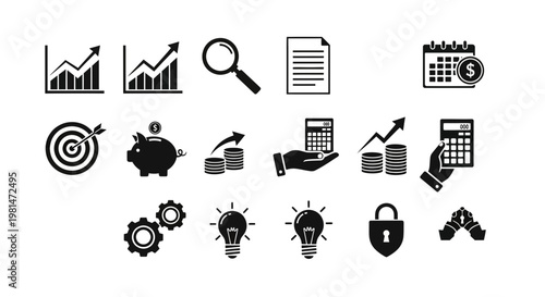 A set of black and white vector icons representing business and finance concepts