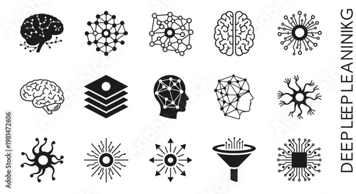 A set of black and white vector icons representing deep learning concepts, including brains, neurons, and geometric shapes.
