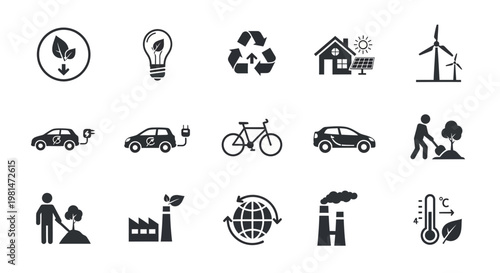 A set of eco-friendly icons representing sustainable living and environmental conservation