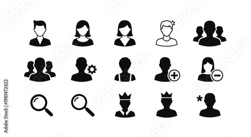 A set of black and white vector icons depicting various people and user management symbols