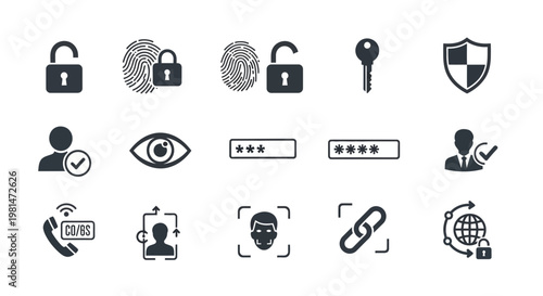 A set of black and white vector icons representing security and protection concepts