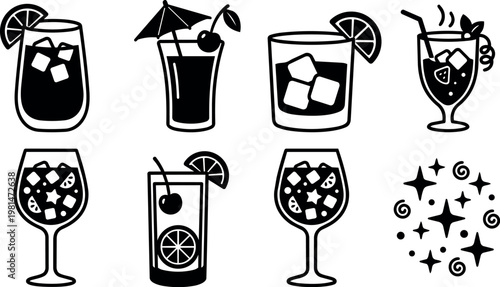Black and white cocktail drinks with ice lemon cherry and umbrella vector art