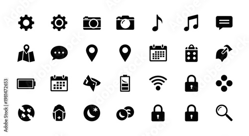 A collection of black and white icons representing various digital and productivity concepts