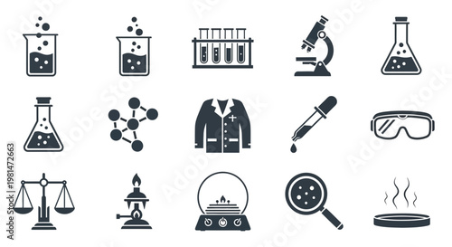 A set of science icons including laboratory equipment and a lab coat on a white background